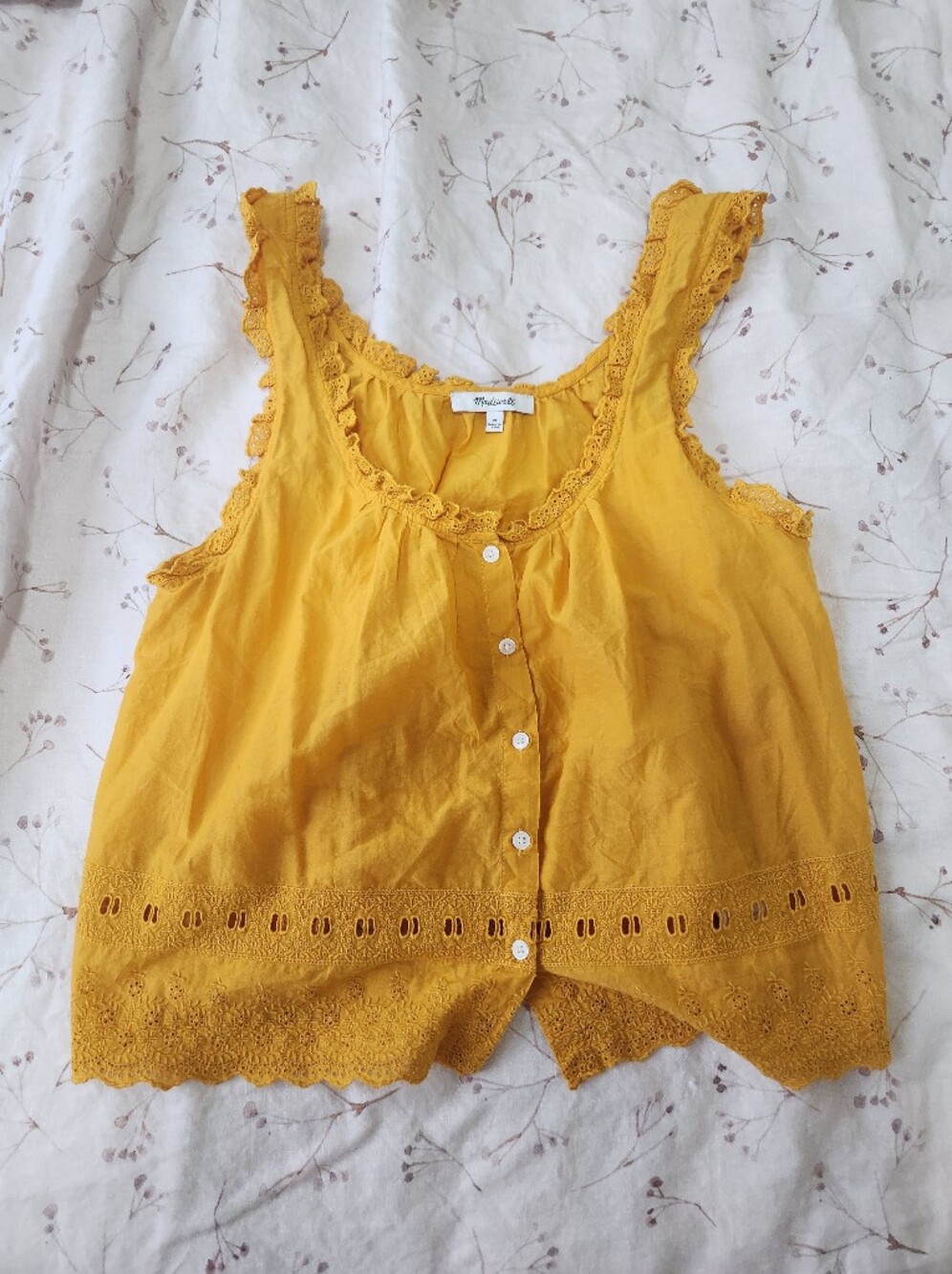 madewell yellow cropped embroidered ruffle hem tank medium - Picture 1 of 4
